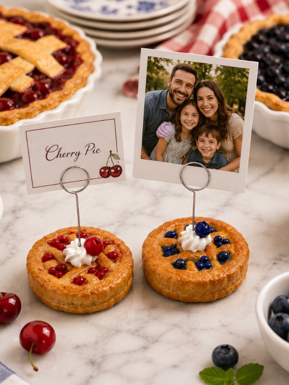 Cherry & Blueberry Pie Photo & Place Card Holder, Food Label | Set of 2 Handmade